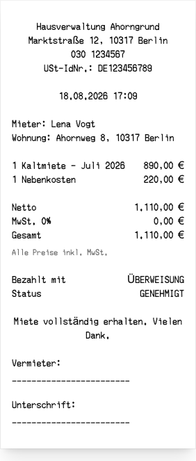 Mietquittung - Belegvorschau