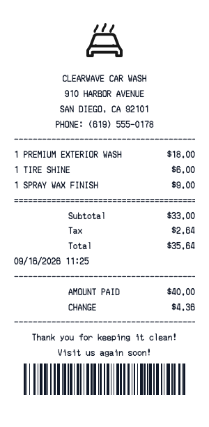 Car wash - Receipt preview