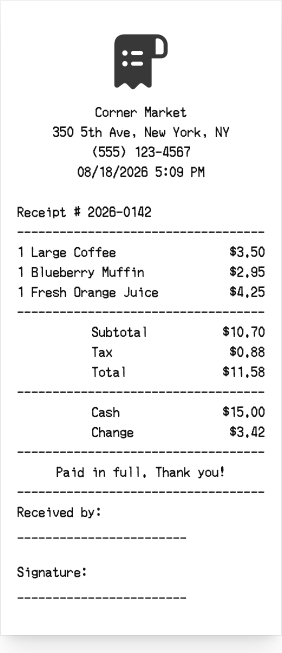 Cash receipt - Receipt preview