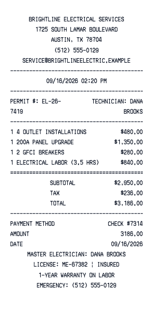 Electrician - Receipt preview
