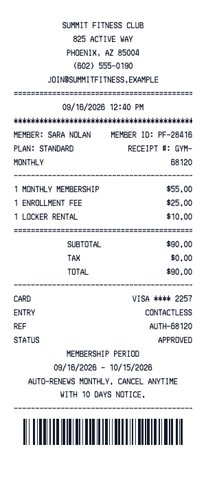 Gym membership - Receipt preview
