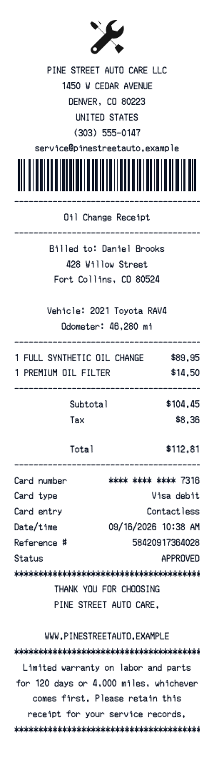 Oil change - Receipt preview