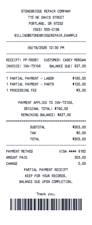 Partial payment - Receipt preview