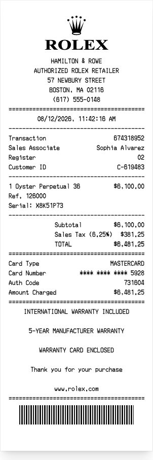 Rolex - Receipt preview