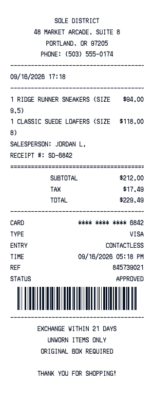 Shoe - Receipt preview