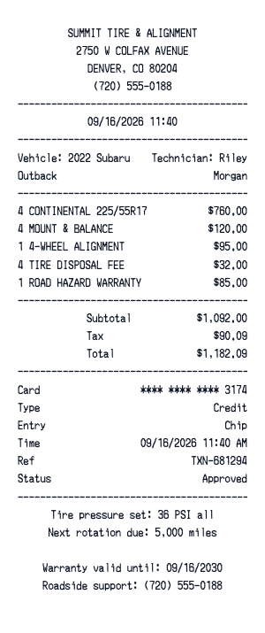 Tire shop - Receipt preview
