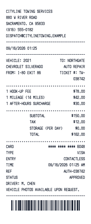 Towing - Receipt preview