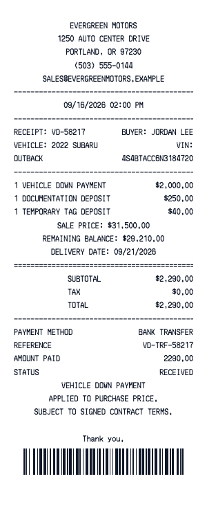 Vehicle down payment - Receipt preview