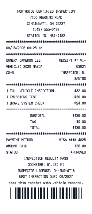 Vehicle inspection - Receipt preview