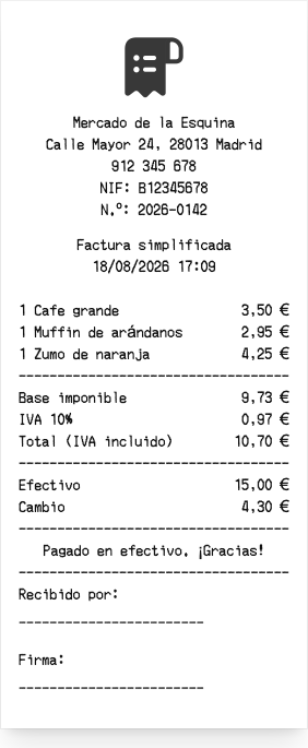 Recibo de efectivo - Vista previa del recibo