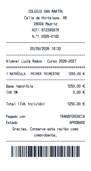 Recibo de matrícula - Vista previa del recibo