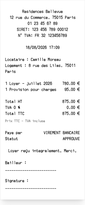 Quittance de loyer - Aperçu du reçu