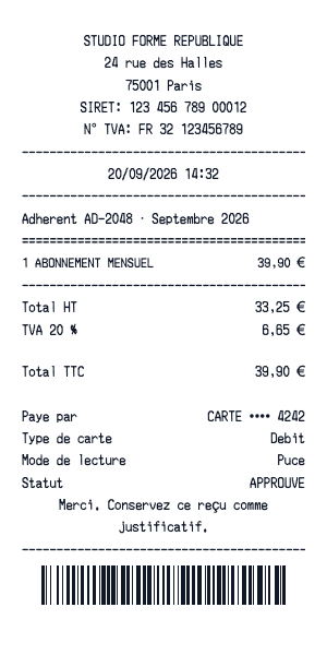 Reçu d'abonnement de sport - Aperçu du reçu