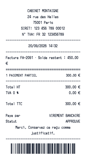 Reçu de paiement partiel - Aperçu du reçu
