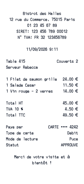 Reçu de restaurant - Aperçu du reçu