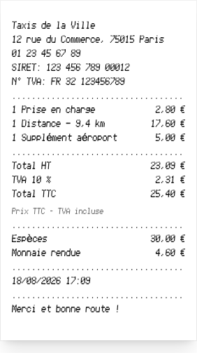 Reçu de taxi - Aperçu du reçu