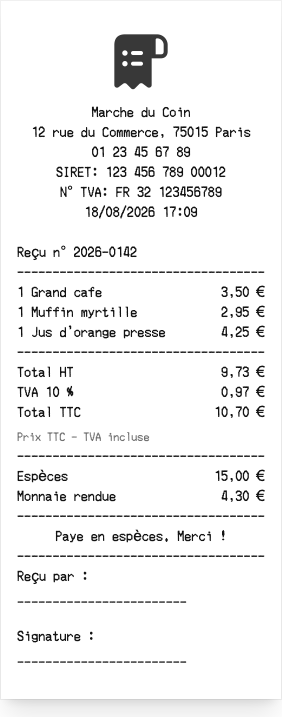 Reçu en espèces - Aperçu du reçu