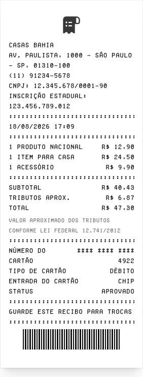 Casas Bahia - Prévia do recibo