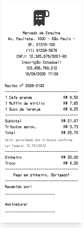 Recibo em dinheiro - Prévia do recibo